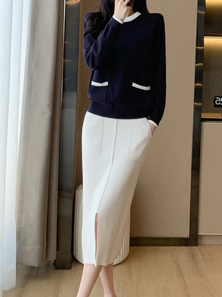 Высококачественный вязаный свитер с круглым вырезом + юбка разрезом комплект из