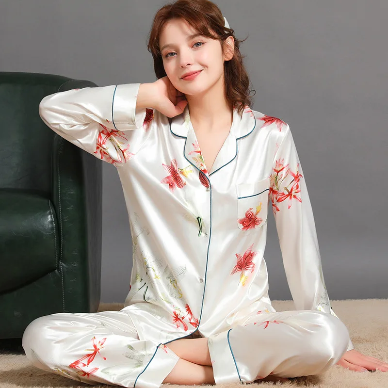 Spring and Summer Ice Silk Women Pajama Sets Free Shipping Long Sleeve Printing Night Clothes Thin Section Pijamas Set for Women