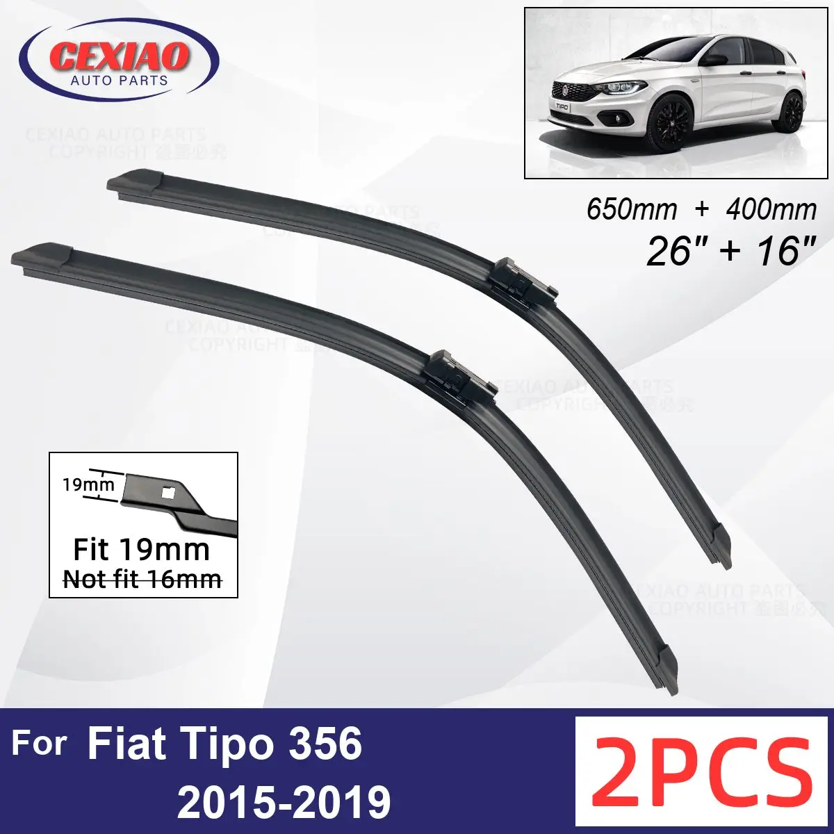 

Car Wiper For Fiat Tipo 356 2015-2019 Front Wiper Blades Soft Rubber Windscreen Wipers Auto Windshield 26"+16" 650mm + 400mm