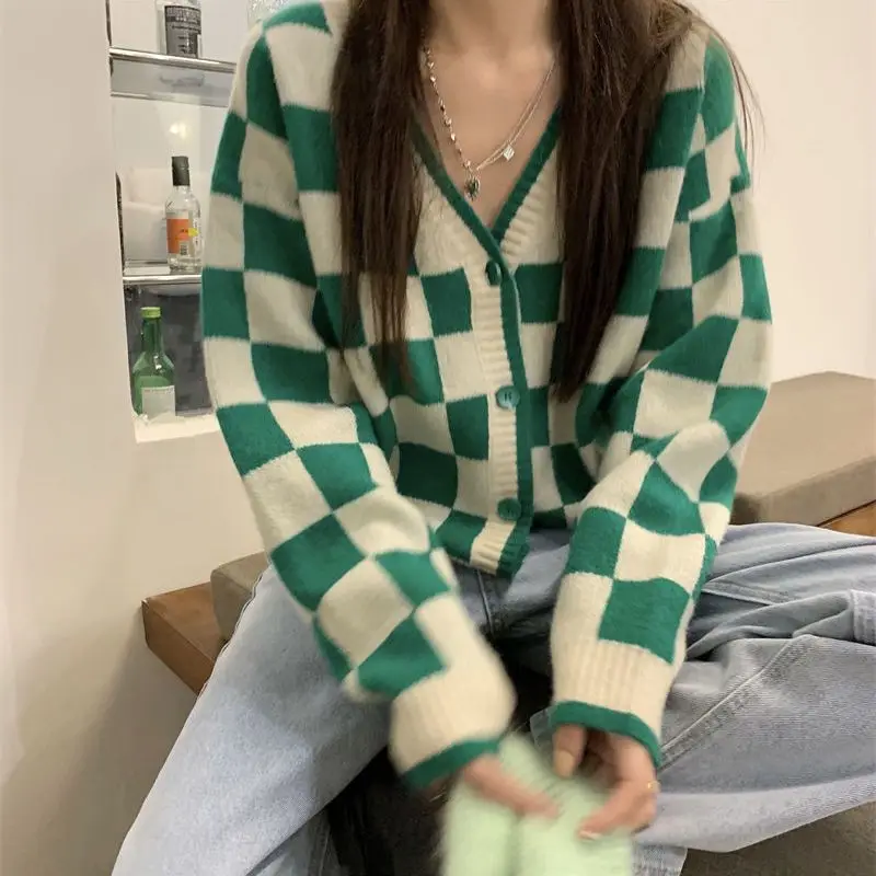 Свитер в стиле ретро ленивом женская куртка клетчатый вязаный кардиган с