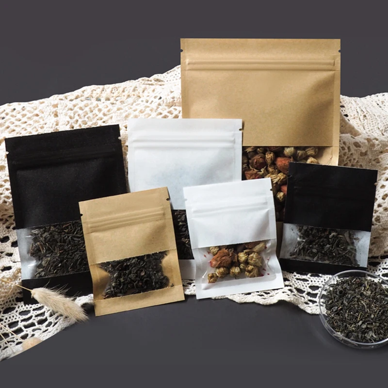 100PCS Resealable Black Kraft Paper Clear Window ZipLock Bag Headropes Jewelry Beads Tea Packing Pouches Resealable Mylar Bags