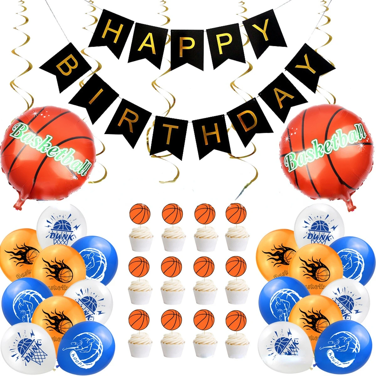 

CHEEREVEAL Basketball Theme Blue Latex Basketball Foil Balloon Cupcake Topper Hanging Swirl Banner Boy Birthday Party Supplies