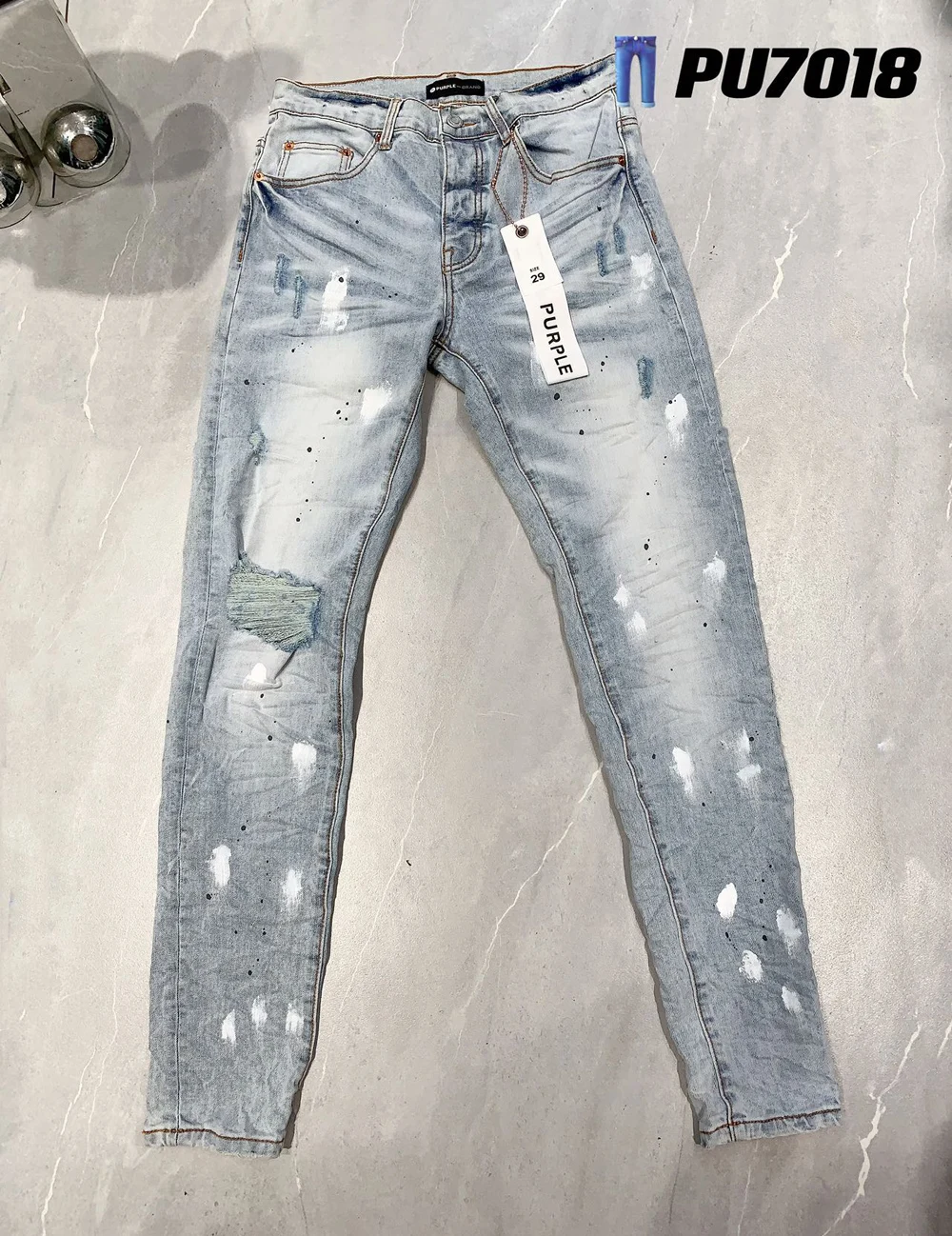 

2023 New Arrival Purple Brand Men's High Street Blue Denim Slim Fit Paint Graffiti Damaged Hole Stretch Ripped Jeans Trousers