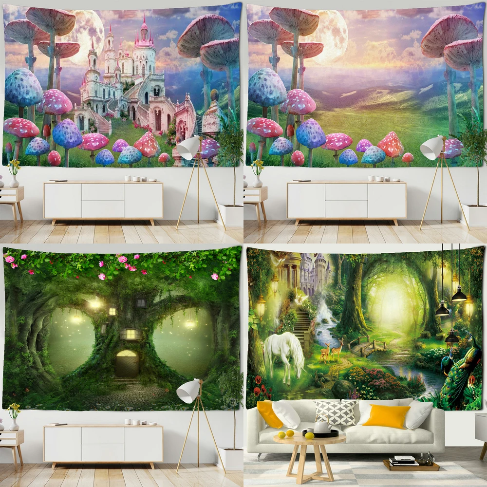 

Psychedelic Mushroom Cartoon Fantasy Forest Tapestry Wall Hanging Bohemian Indian Mandala 3D Printed Large Tapestries Home Decor