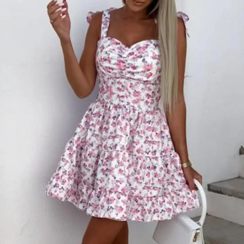 

Mini Dress Women Sundress Suspenders Design Beach Sundress Elegant Spaghetti Straps Party Beach Dress Flower Print Ruffle Dress