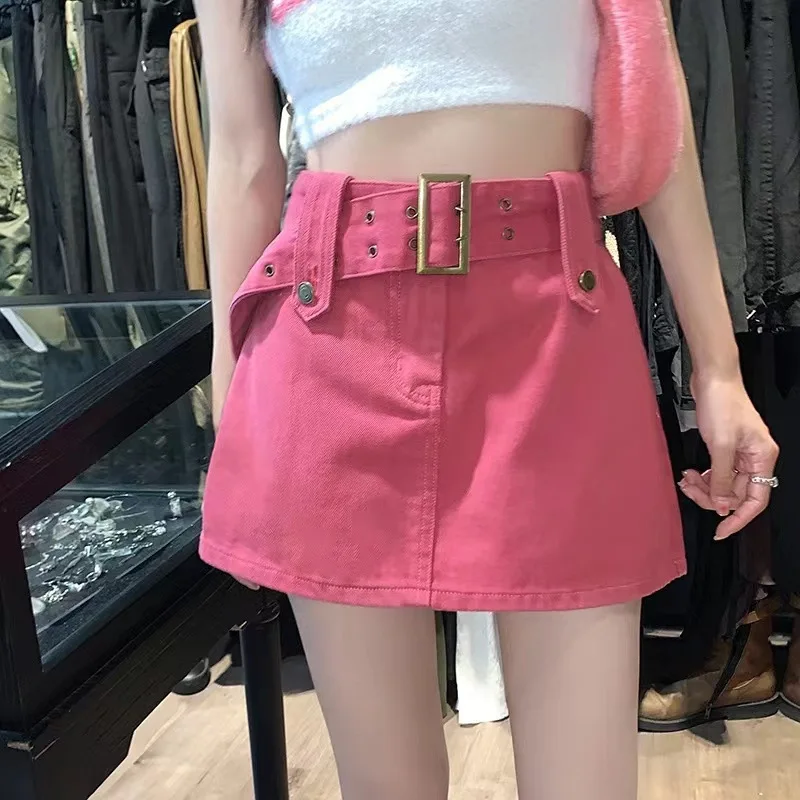 

Vintage Belt Pleated Mini Skirt Women Sexy Y2k High Waist A-line Short Skirt Casual Preppy Style Summer Mini Jean Skirts