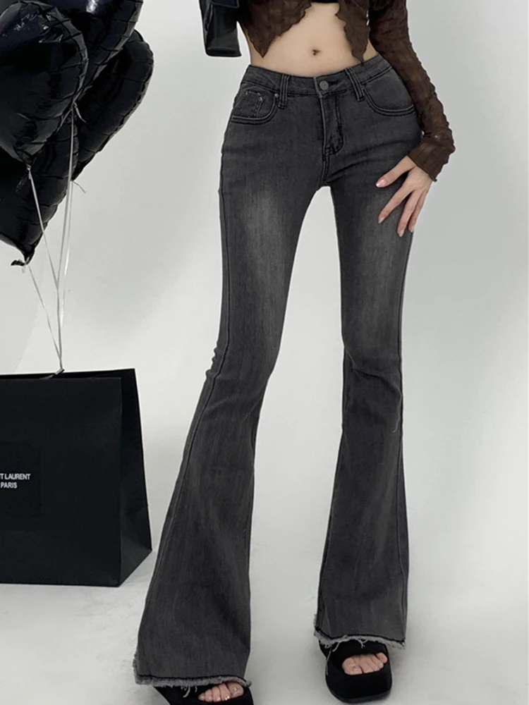 

Low Rise Waist Flared Jeans Women Fashion Streetwear Vintage Self Cultivation Denim Trousers Lady Simple Casual Skinny Jean Pant