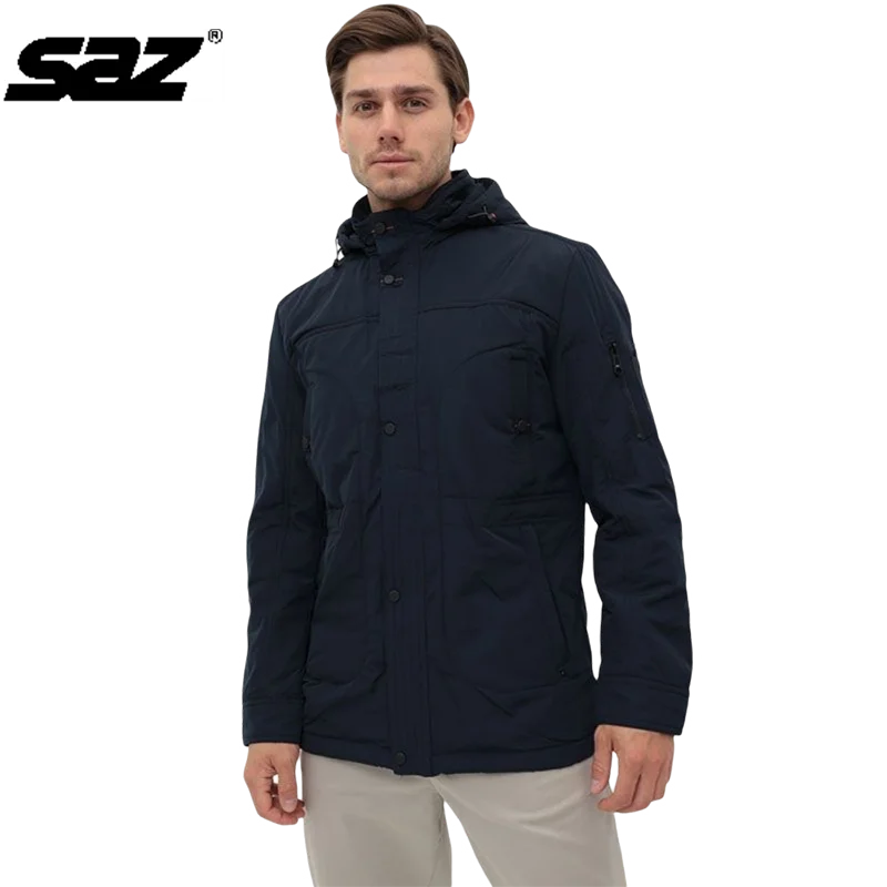 

Мужская повседневная Куртка SAZ, однотонная ветрозащитная Куртка с капюшоном и несколькими карманами, с воротником-стойкой, модная мужская в...