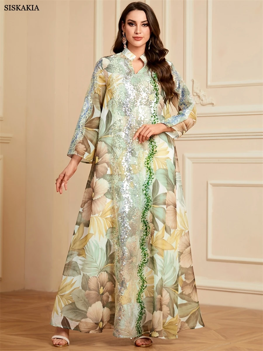 Siskakia Ramadan Dubai длинное платье с цветочным принтом и блестками в стиле пэчворк Абая
