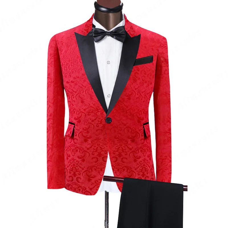

Floral Jacquard Prom Men Suits For Wedding With Black Pants 2 Piece Groomsmen Tuxedo Peaked Lapel Custom Man Fashion Set Jacket