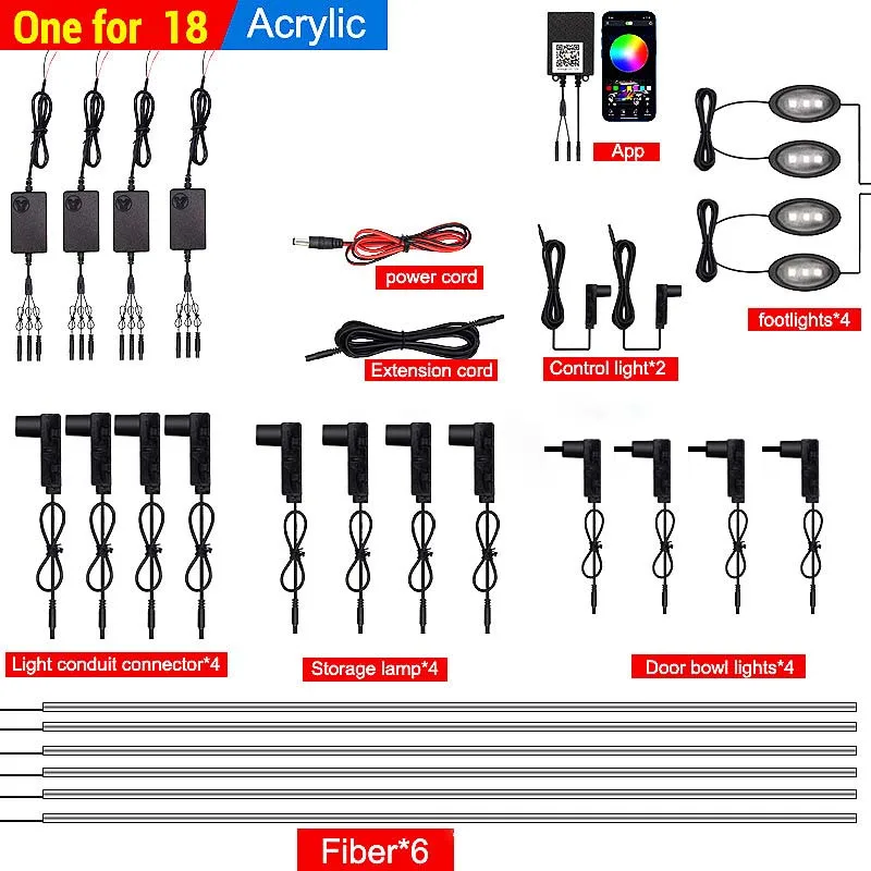 

18 in 1 LED Interior Car Light RGB APP Sound Control Standalone Connection Unit Acrylic Optical Strip Ambient Atmosphere Lamp