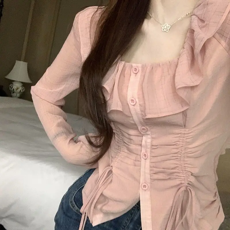 Весенне-осенняя сексуальная милая пряная рубашка с квадратным вырезом и