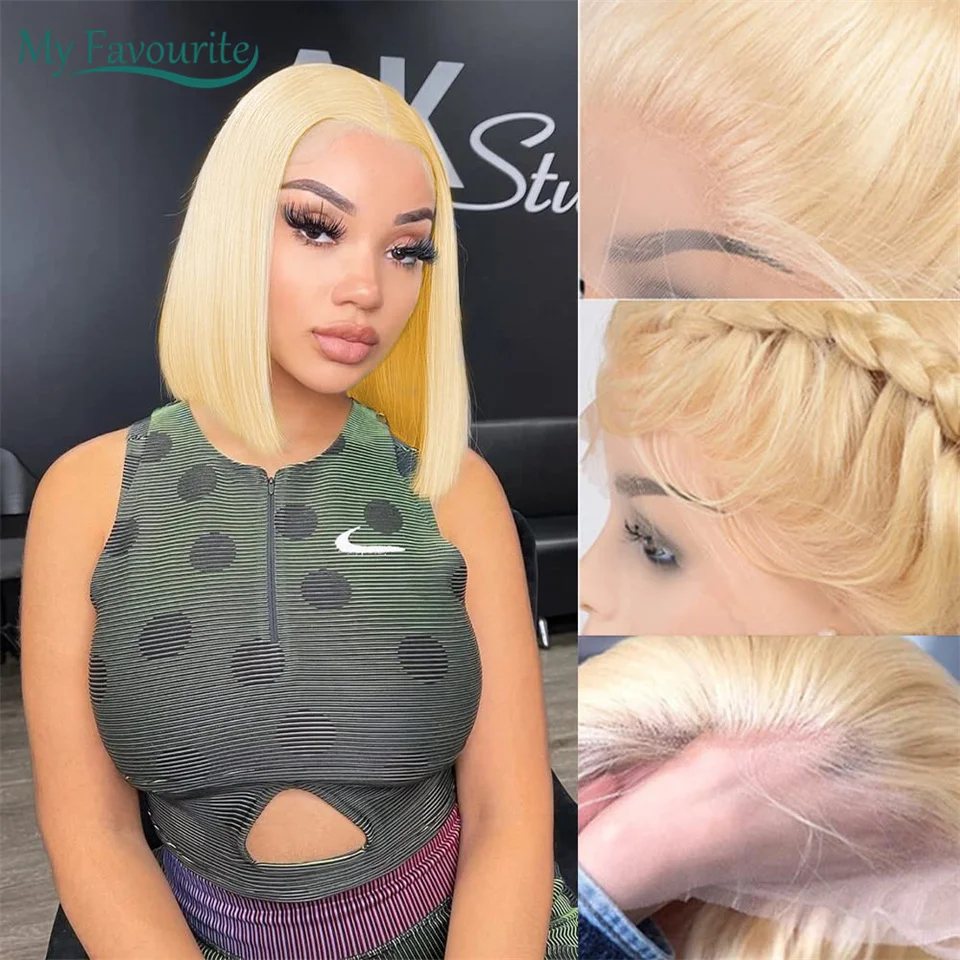 Ash Blonde Wig Human Hair HD Lace Frontal Wigs Straight Short Bob Wig 613 Middle T Part Preplucked 100% Human Hair Wig For Women