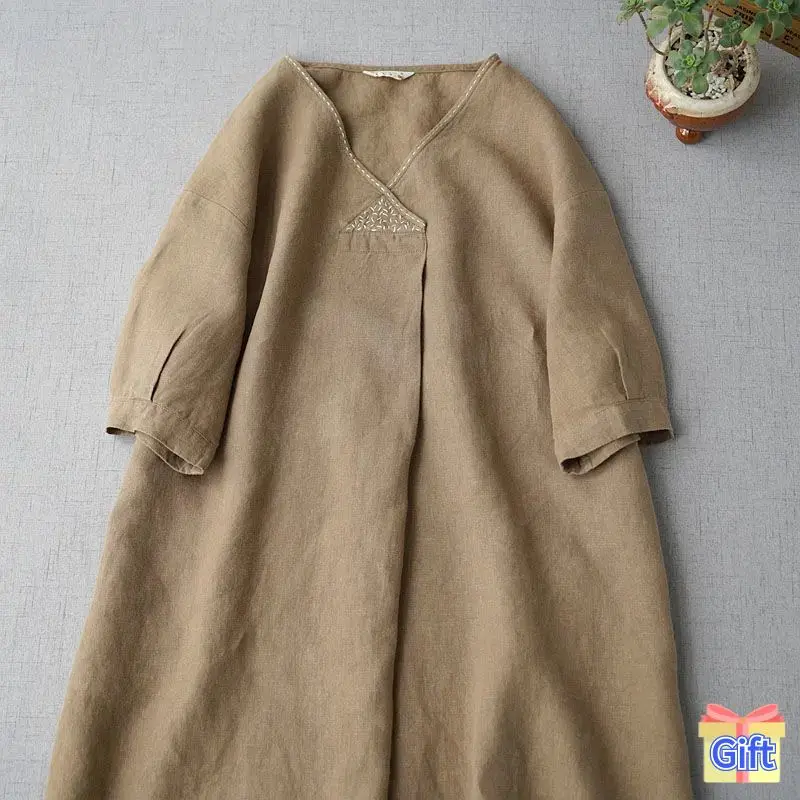 

2023 Summer Long Cotton Linen Dress Women V-neck Short Sleeve Casual Vintage Home Dresses Harajuku Japanese Kaftan Boho Korean