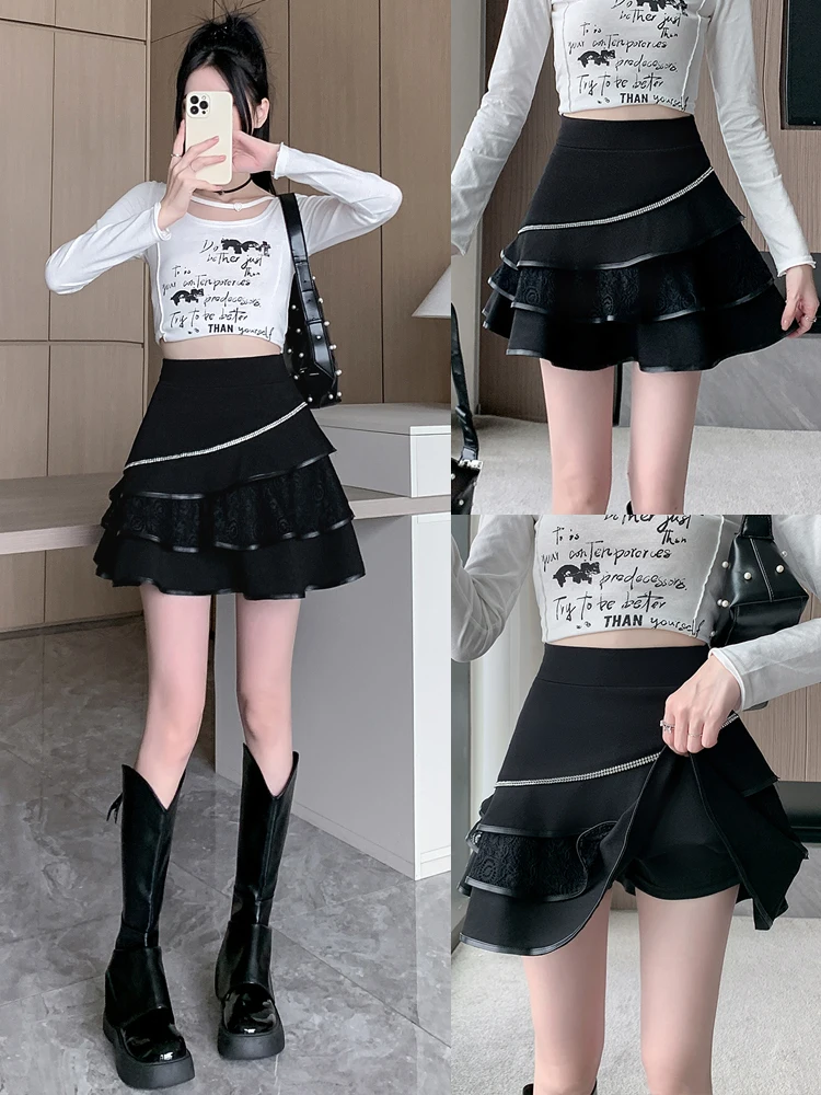 Черная модная кружевная лоскутная юбка-торт весна-осень новая облегающая пышная