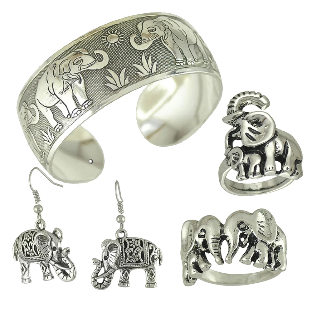 

Women Vintage Cuff Wide Bangle Elephant Carved Pattern Silver Plated Tibetan Indian Jewelry
