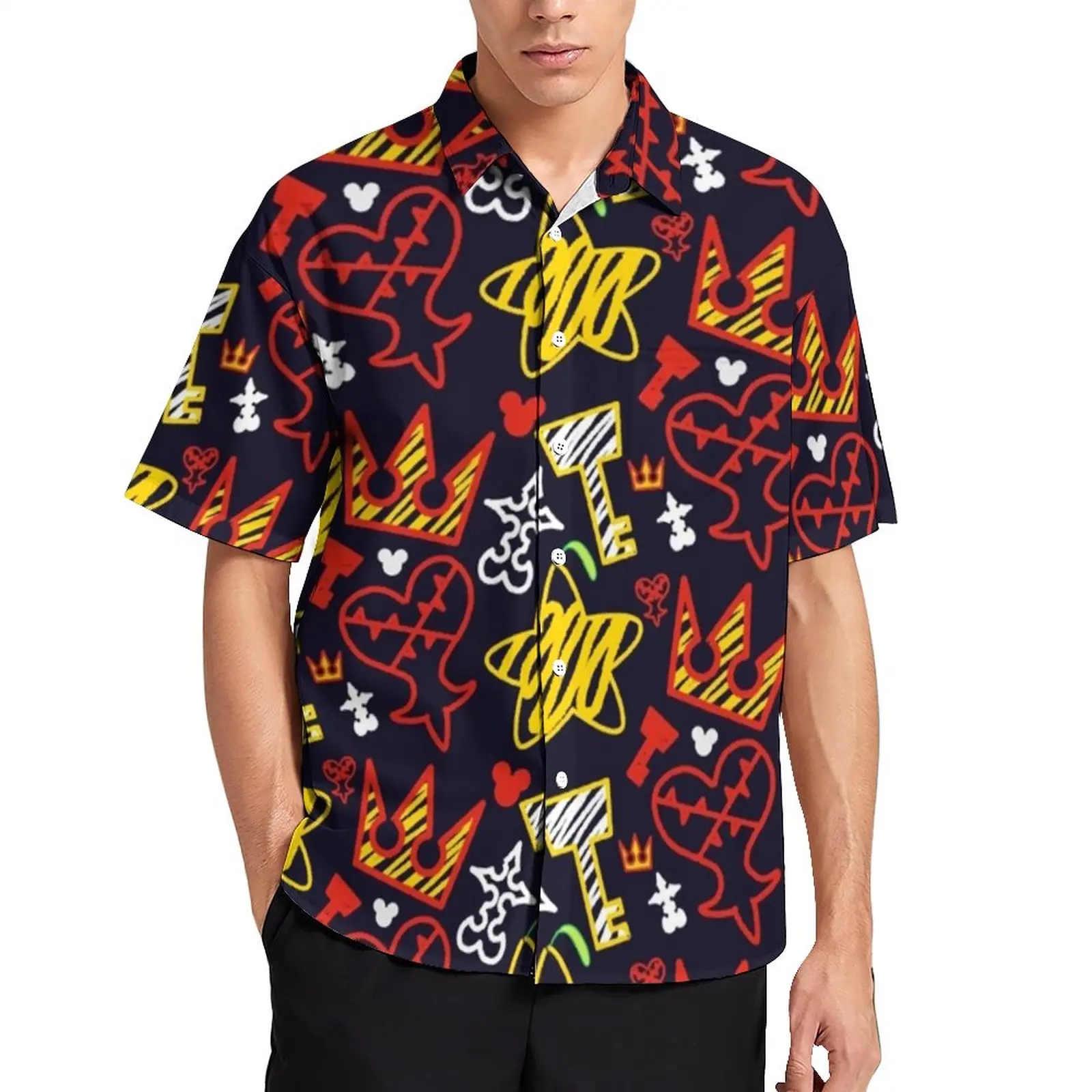 

Kingdom Hearts Casual Shirts Red Heart Print Vacation Shirt Hawaiian Novelty Blouses Men Print Plus Size 4XL