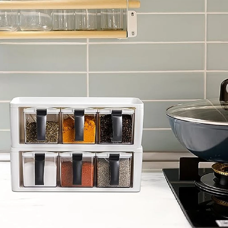 Стеллаж для специй с ручкой крышкой и ложкой 3 ячейки прозрачные кухонные емкости