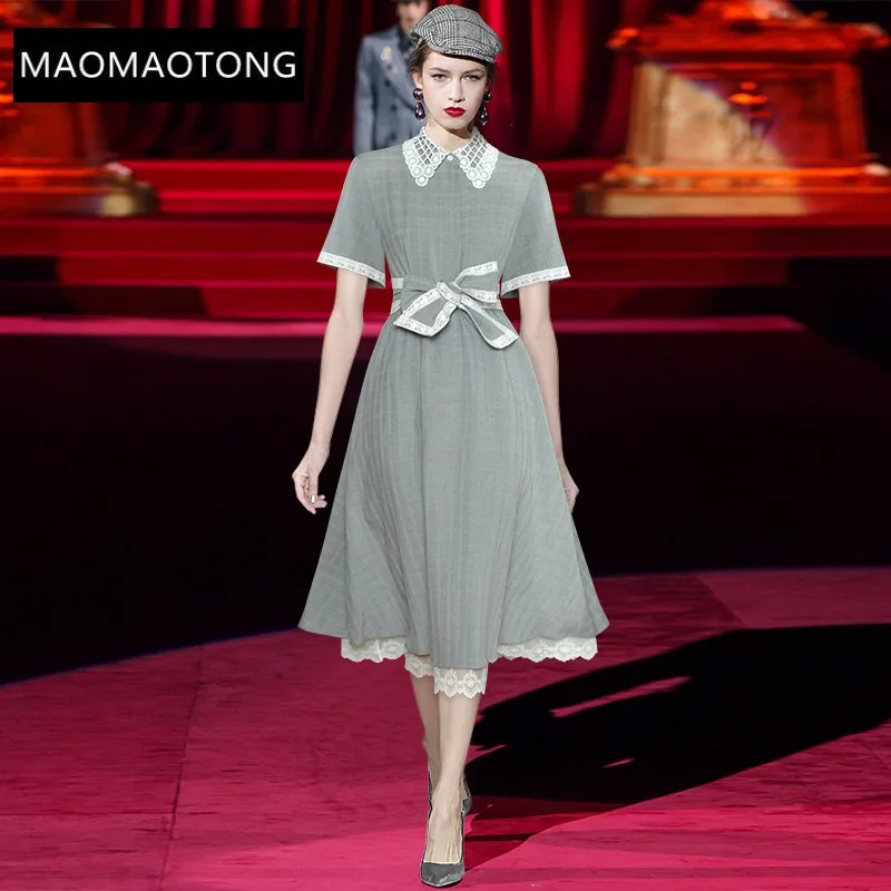 

Fashion Designer dress Spring Women's Dress Gauze Short Sleeve Lattice Frenulum Elegant Grey Party Mid-Calf Dress