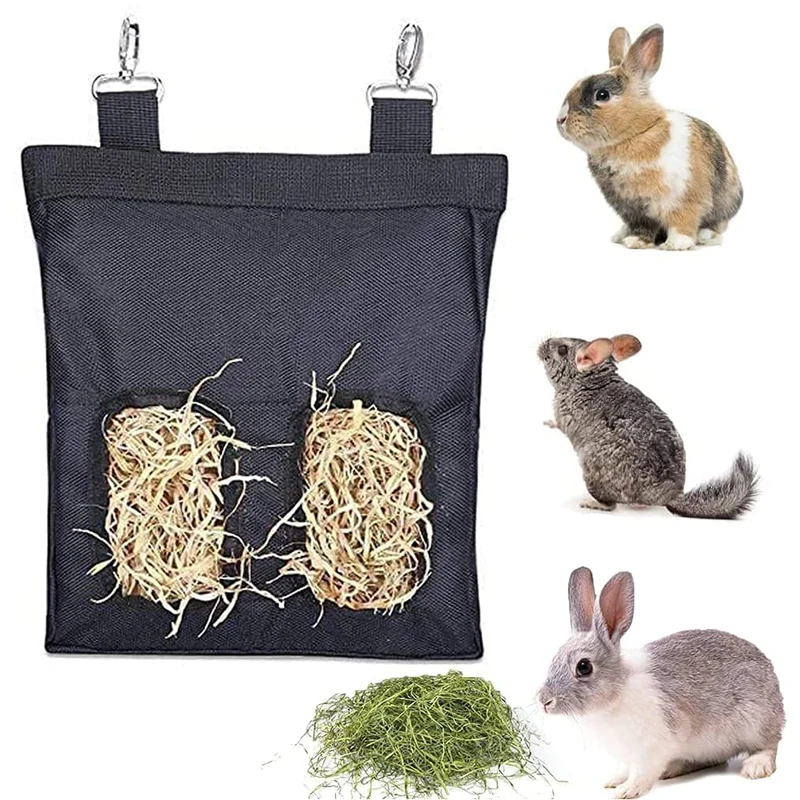 

Hanging Rabbit hay Feeder Bag,Bunny Guinea Pig Hay Feeder, Fabric Bag Feeder Storage Bag for Small Pet Animals Black Large