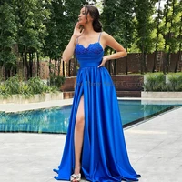 new arrival royal blue prom dress sexy spaghetti straps beading applique a line high slit evening party dresses for wedding