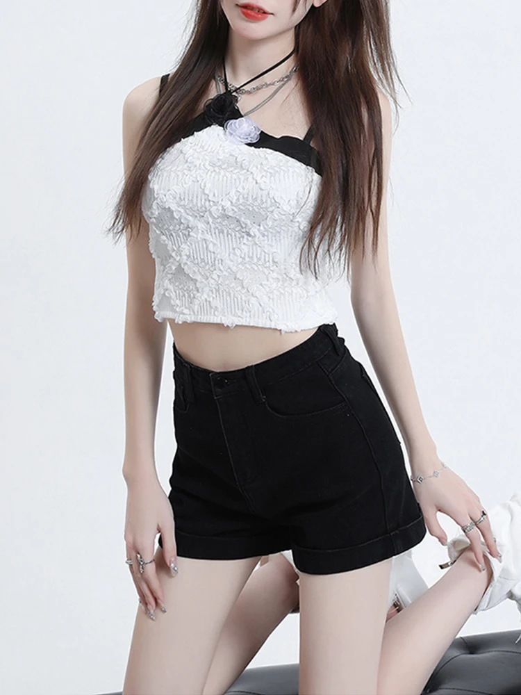 Spring Summer Women High Waist Wide Leg Black Denim Shorts Streetwear Female Loose Button Jeans Shorts Bottoms