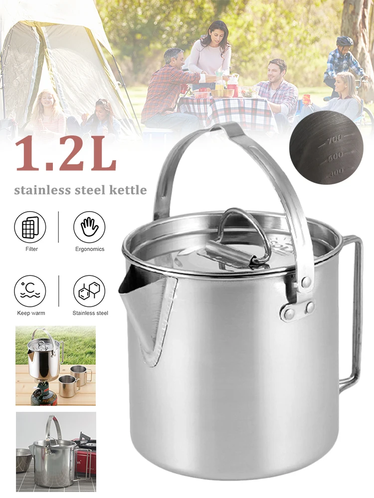 

1.2L Outdoor Camping Kettle Stainless Steel Pot Portable Hanging Pot Coffee Pot Teapot Cooker for Backpacking Hiking Picnic Trip