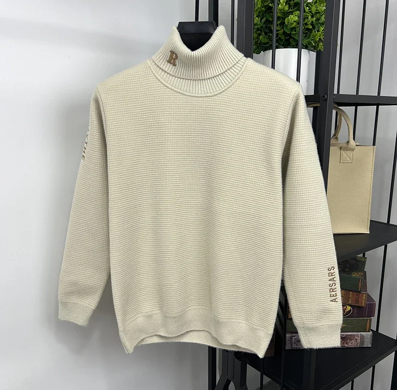 Мужской пуловер из шерсти с вышивкой бархатный свитшот высоким воротом толстый