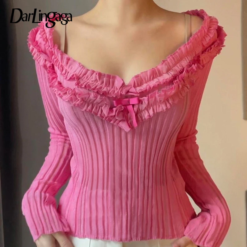 

Darlingaga Korean Pink V Neck Women Tee Shirt Knit Slim Sweet Coquette Clothes Ruffles Autumn T shirt Bow Frill Kawaii Top 2024