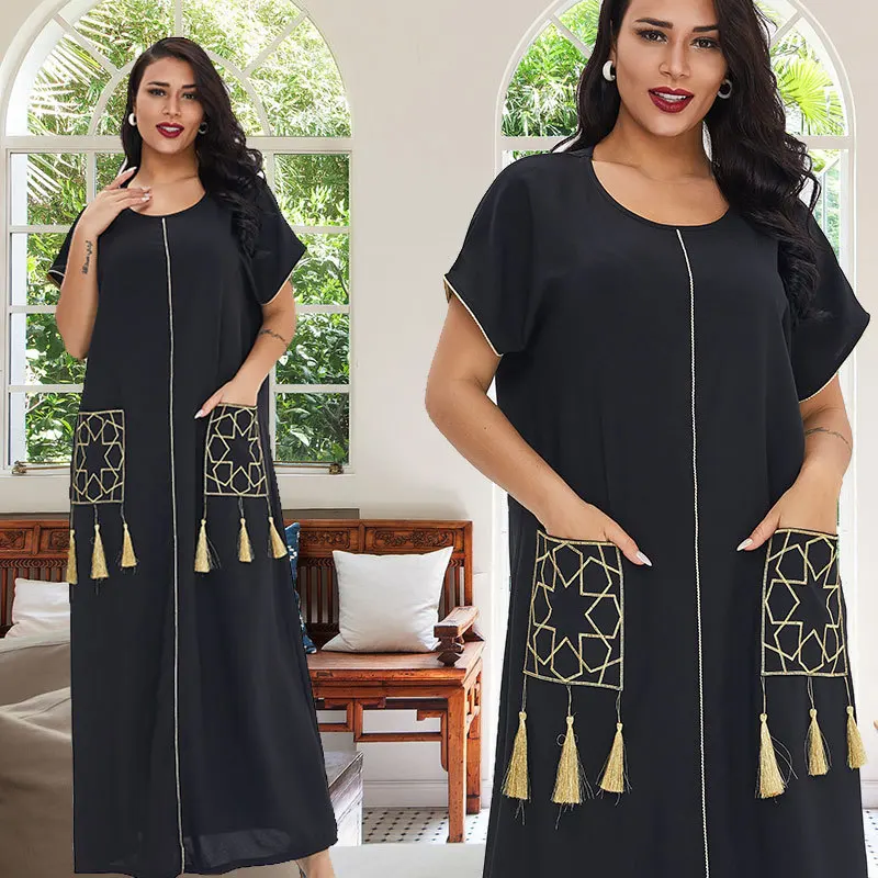 Casual Muslim Summer Dress for Women 2022 Dubai Arabic Ethnic Embroidery Tassel Pockets Short Sleeve Islamic Clothing