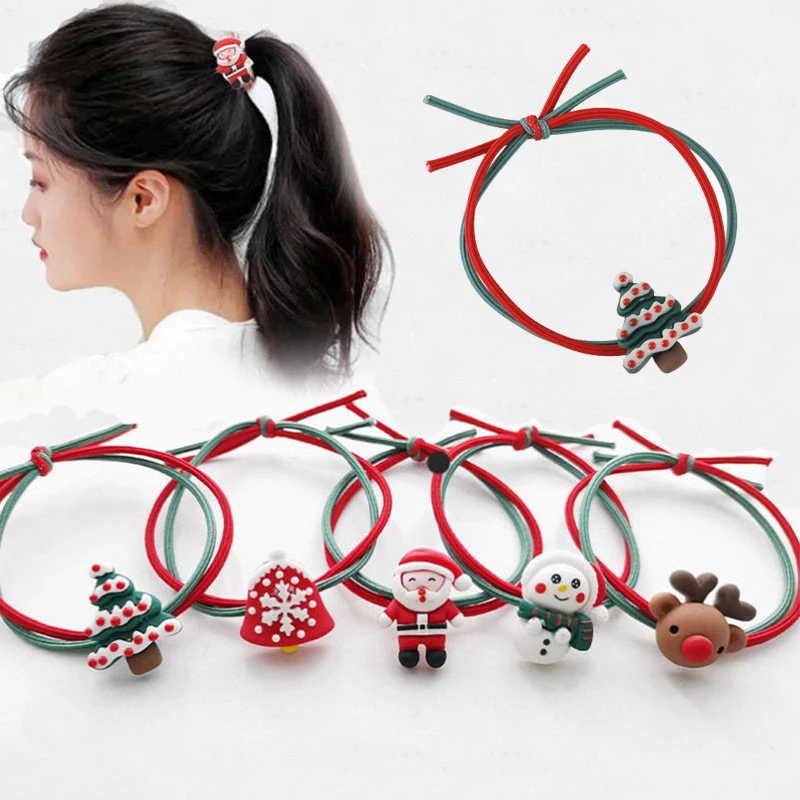 

Christmas Scrunchie Xmas Elk Santa Claus Hair Rope Tree Bells Ponytail Rubber Band High Elastic Hair Bands Wholesale