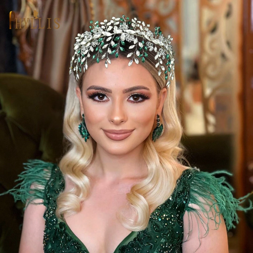 

A441 Luxury Bridal Hair Tiara Green Rhinestone Wedding Headpiece Women Headdresses Luxury Pageant Crwon Handmade Bride Headband
