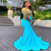 new black girls blue prom dress with gold lace deep v neck plus size evening dress 2022 with short sleeves beaded party gowns