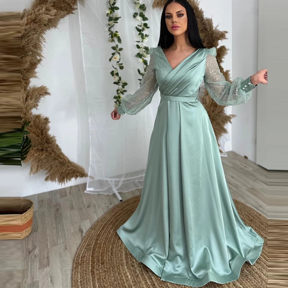 

Carolina V-Neck Satin Evening Dresses 2023 Saudi Arabia Women Puffy Sleeves Sparkly Wedding Guest Elegant Formal Party Gowns