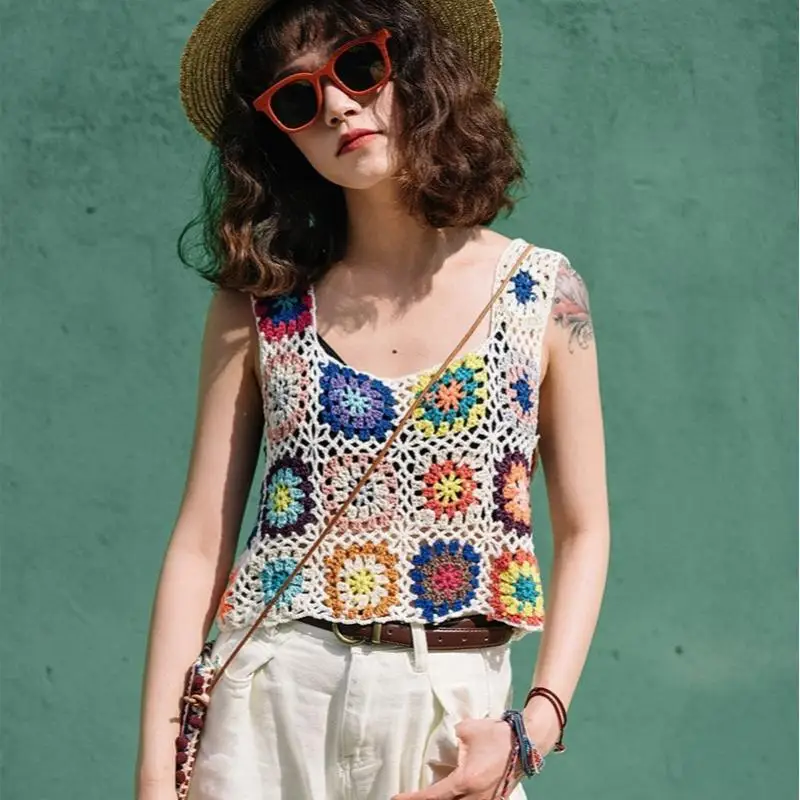 Fashion Women's Crop Tops Sleeveless Tops Colorful Hand Crochet Embroidery Openwork Knit Tank Top Summer Camis Streetwear Y2k
