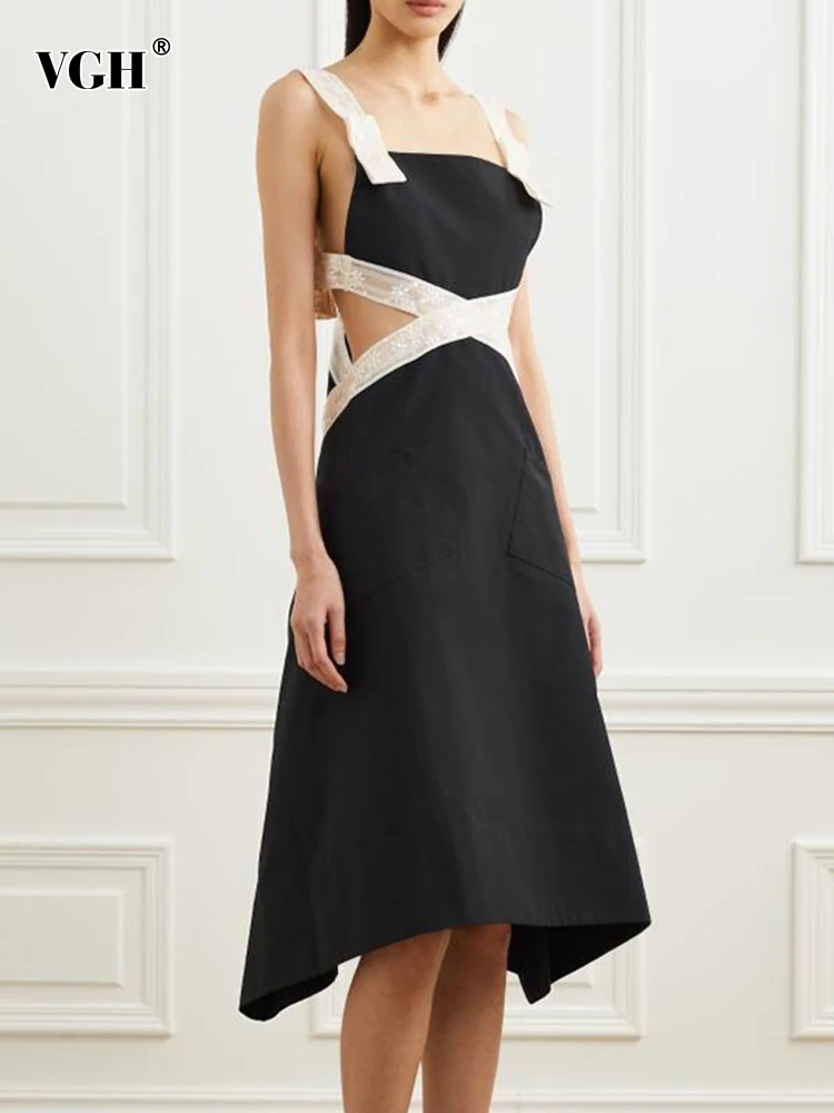 

VGH Summer Sling Dress For Women Square Collar Sleeveless High Waist Cut Out Mini Dresses Female Clothing Fashion New 2022 Style