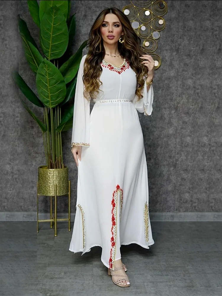 Eid Morocco Party Dress Women Muslim Ramadan Abaya Dubai Abayas Diamond Chiffon Kaftan Elegant Robe Vestidos Turkey Gown 2023