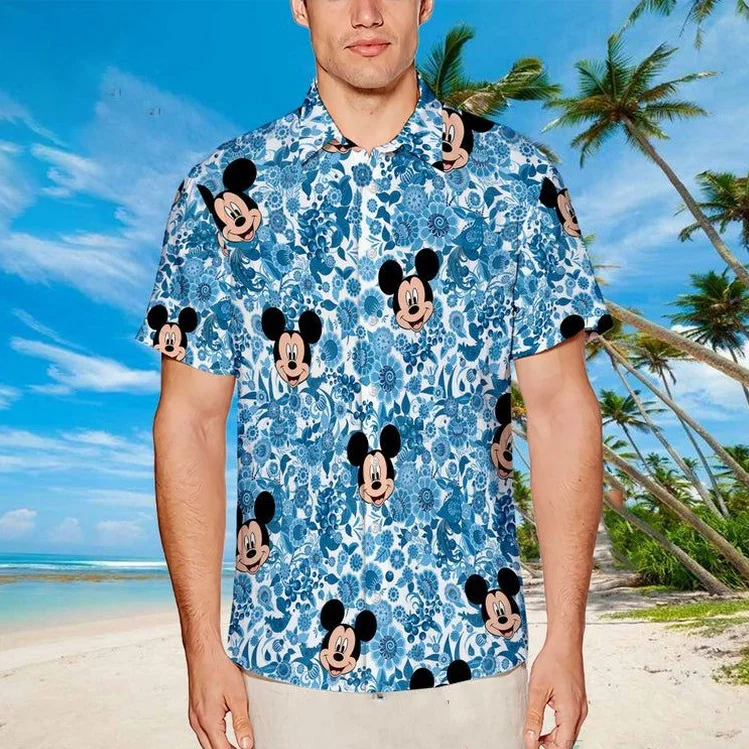 

Новинка 2023, гавайская рубашка с Микки Маусом, модная мужская рубашка с пуговицами, дышащая пляжная рубашка с тропическим рисунком из Диснея