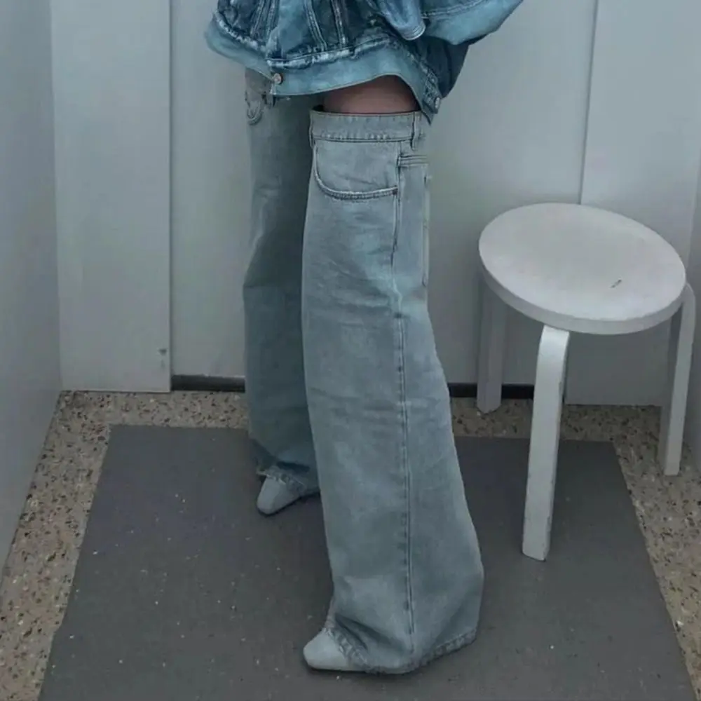 New Women Blue Washed Jeans Retro Style Knee High Boots Square-Toe Fashion Spice Girl Loose Straight Casual Pants High Shoes