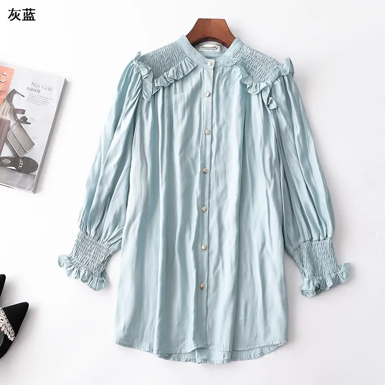 

New 228256 autumn silk cotton shirt inscription high-end women's nine points sleeve round collar
