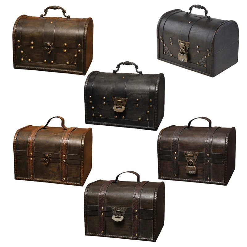 Retro Elegant Wooden Pirate Jewelry Storage Box With Lock Vintage Treasure Chest for Wooden Organizer Home Decoration