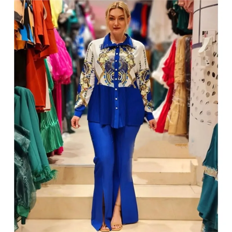 

Женский офисный костюм из двух предметов, плиссированная блузка с длинным рукавом и принтом, однотонные брюки с разрезом, комплект из двух предметов для весны и осени