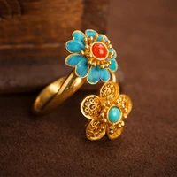 natural southern red tourmaline flower open ring chinese retro palace style unique ancient gold craft luxury ladies jewelry