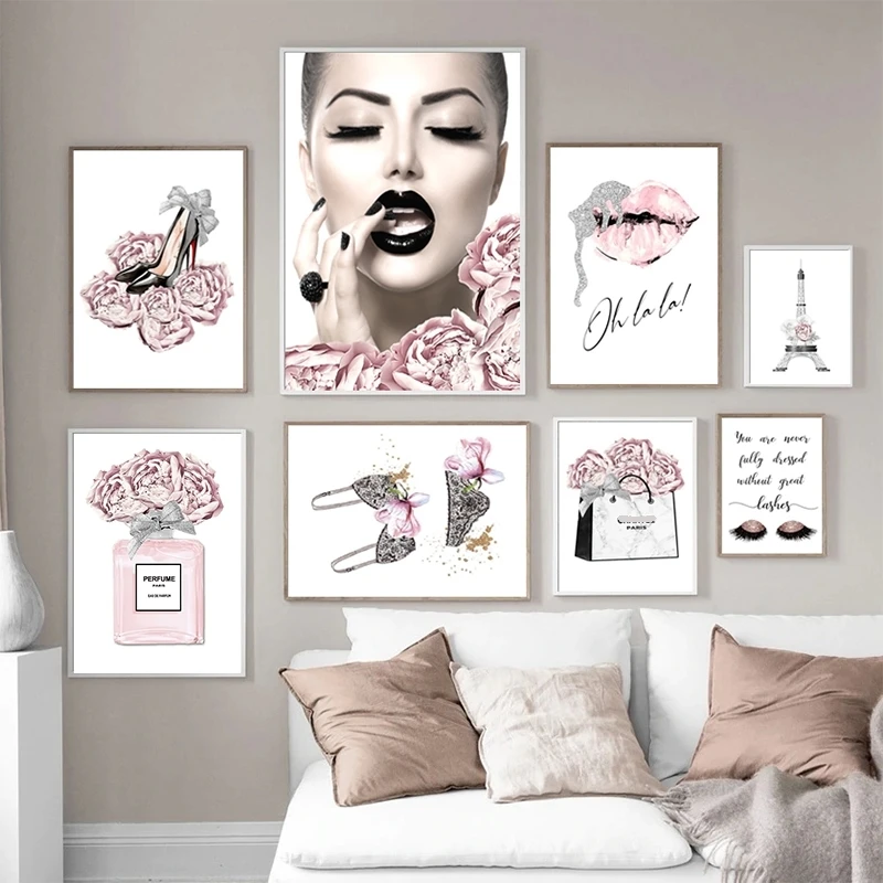 

Pink Flower Perfume Fashion Poster Eyelash Lips Makeup Print Canvas Art Painting Wall Picture Home Decoration Modern Girl Room
