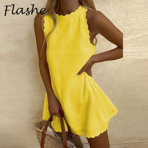 Women Sleeveless Mini Dresses Summer New Elegant Solid Color O Neck A-Line Party Robe Ladies Casual Loose Beach Dress Vestidos