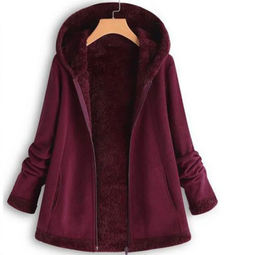 Casual Fluffy Fur Coat Women Autumn Winter Solid Color Long Sleeve Zipper Button Cute Warm Hooded Coat  Size Outwear Female