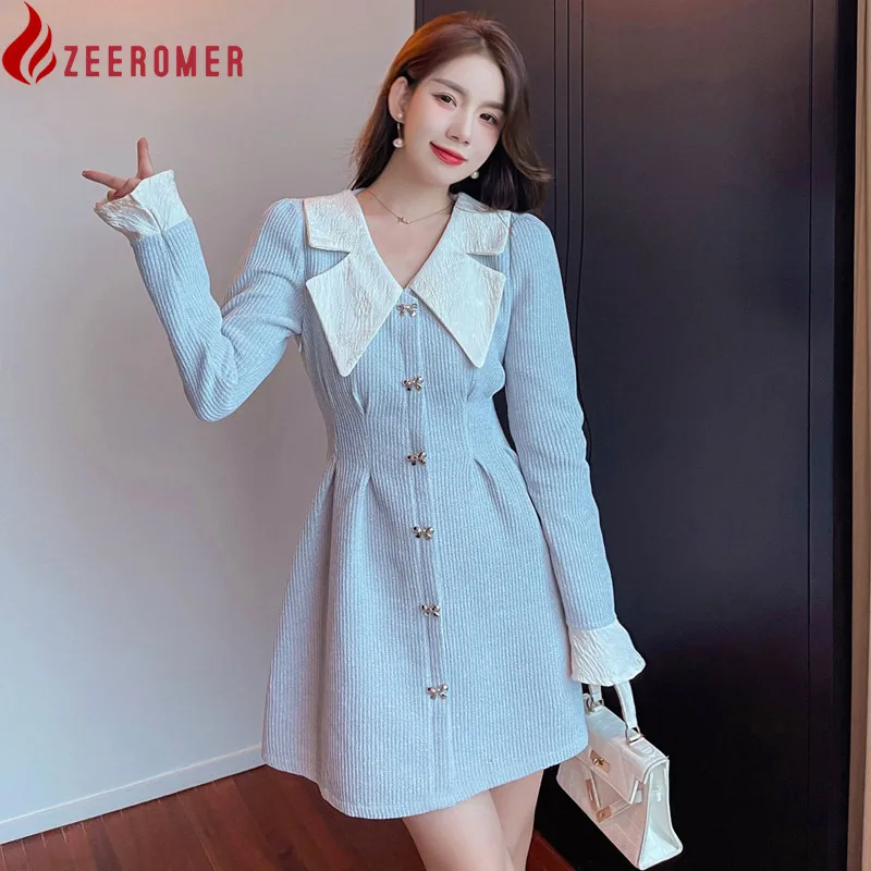 

Autumn High-End Temperament Ladies Waist Doll Collar Hit Color Luxury Sweet Tweed Dress Single-breasted Long Sleeve Party Dress