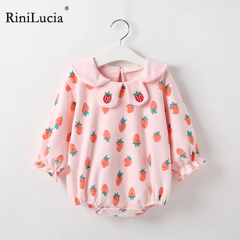 

RiniLucia 2022 Autumn New Baby Girls Bodysuit Lapel Long Sleeves Strawberry Print Cotton Jumpsuit Newborn Casual Clothes
