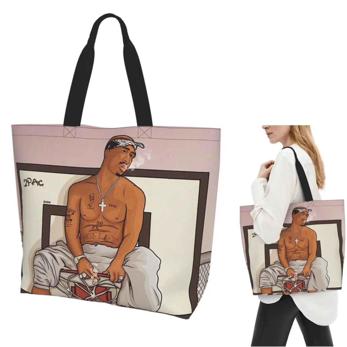 Фото Сумка-шоппер из холщовой ткани с изображением рэпера Тупака 2PAC, большая вместительная сумка через плечо для женщин, для покупок и продуктов №1
