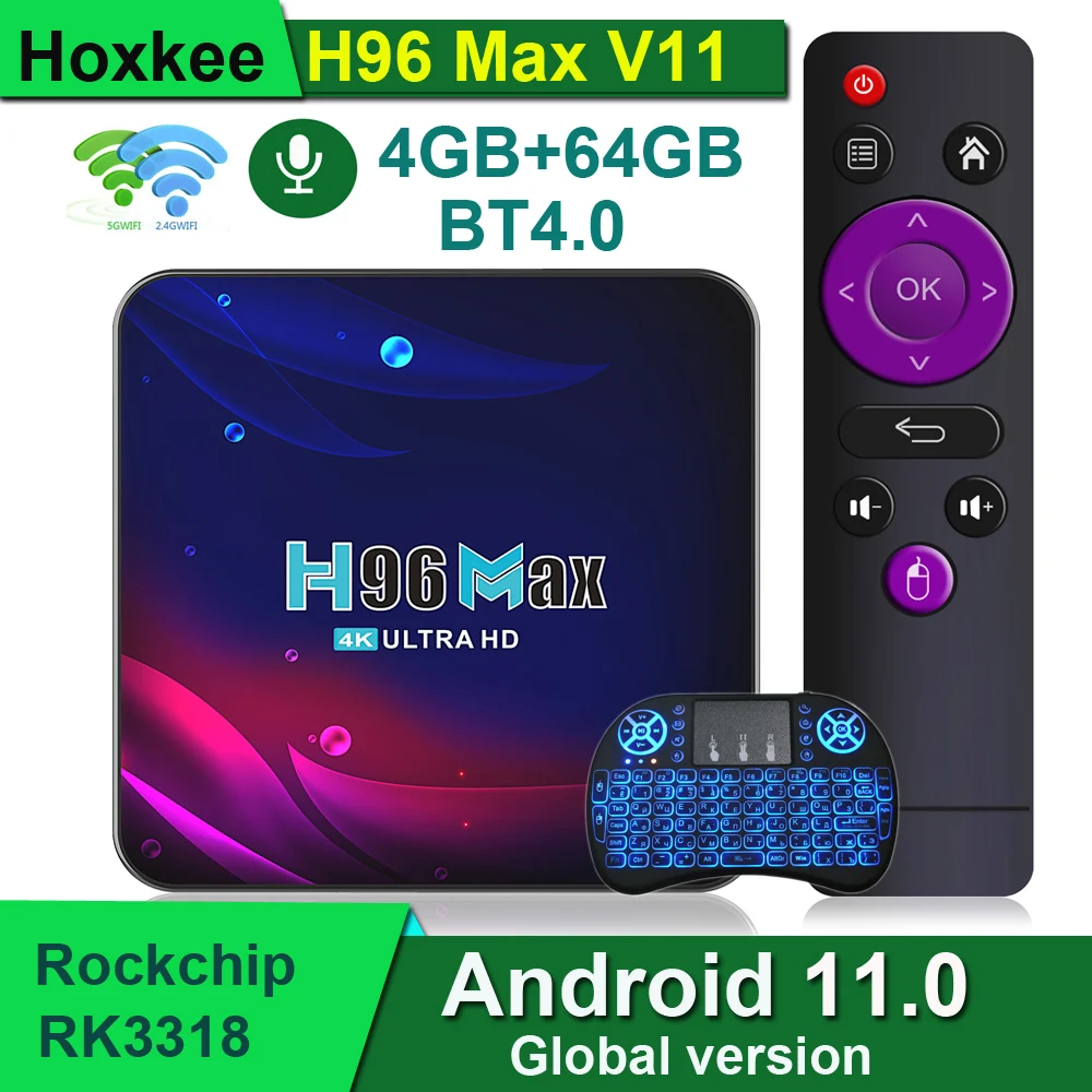 

H96 MAX V11 Android 11 TV Box RK3318 4K 2GB 16GB 4GB 64GB 32GB ROM Supports H.265 2.4G 5G Dual Wifi BT4.0 Global